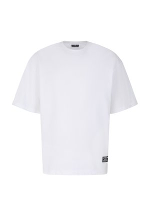 Weißes T-Shirt mit kurzen Ärmeln aus Baumwollmaterial, mit rundem Ausschnitt und einem kleinen Markenetikett an der unteren linken Seite.