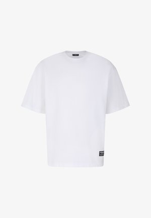 Weißes T-Shirt mit kurzen Ärmeln aus Baumwollmaterial, mit rundem Ausschnitt und einem kleinen Markenetikett an der unteren linken Seite.