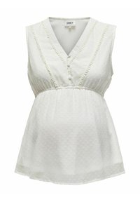 Top de maternité sans manches blanc avec un décolleté en V, texture à pois, fermeture par boutons et taille froncée pour un ajustement décontracté.