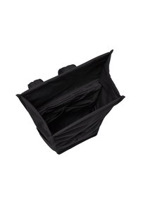 Schwarze Stofftasche mit doppelten Griffen, weitem Öffnungsbereich und Innenfächern zur Organisation. Glatte Textur, minimalistisches Design.