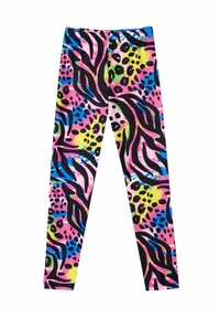 Kleurige legging met een gedurfde, abstracte patroon in roze, geel, zwart en blauw, gemaakt van rekbare stof met een elastische tailleband.