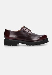 Burgunderfarbene Leder-Halbschuhe mit glänzender Oberfläche, Schnürdesign und einer schwarzen Gummisohle mit robustem, strukturiertem Profil.