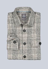 Grau-creme kariertes Hemd, gefaltet, mit Knopfleiste und Kragen. Hergestellt aus strukturiertem Stoff mit kontrastierenden Steppnähten.
