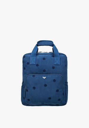 Quadratischer Rucksack aus blauem Cord mit Top-Griff, vorderer Reißverschlusstasche und kleinen, gestickten Blumenmustern.