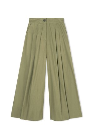 High-Waist Hosen mit weitem Bein in hellem Olivgrün, vorne mit Falten, seitlichen Taschen, Knopfverschluss und einem sauberen Bund.