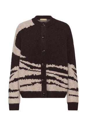 Knit cardigan in dark burgundy and beige, with a textured surface and abstract pattern. Features a round neck and black buttons.