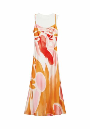 Robe midi sans manches avec fines bretelles, présentant un motif floral abstrait dans des tons d'orange, de rose et de rouge sur un fond blanc.