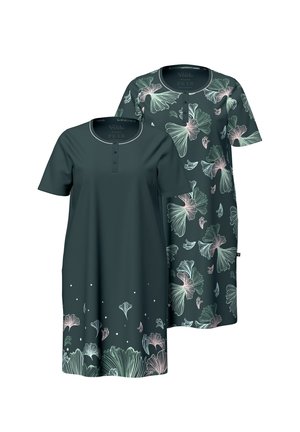 Deux nuisettes à manches courtes vert foncé, l'une avec de petits imprimés floraux en bas et l'autre avec un motif floral sur toute la surface.