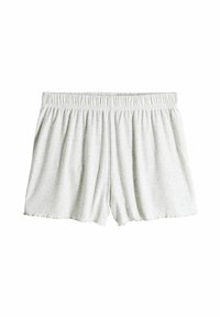 Pantaloni corti di cotone grigio chiaro con vita elastica, caratterizzati da una texture a costine e una vestibilità ampia e morbida. Orlo a ondine sui bordi inferiori.