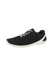 Schwarze Sportschuhe mit einem perforierten Design, ausgestattet mit weißen Schnürsenkeln und einer kontrastierenden weißen Sohle. Abgerundete Zehenpartie und flexible Gummisohle.