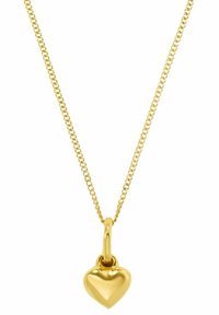 Collana d'oro con una catena sottile e un pendente a forma di cuore lucido, caratterizzato da una superficie liscia e un piccolo anello per il gancio.
