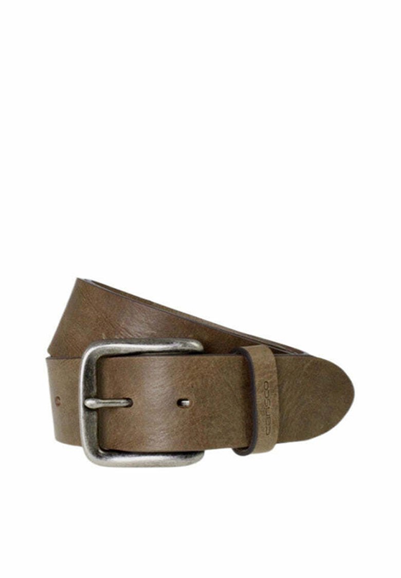 Brown leather belt with a silver metal buckle. Features a smooth texture and minimalist design with holes for adjustment.