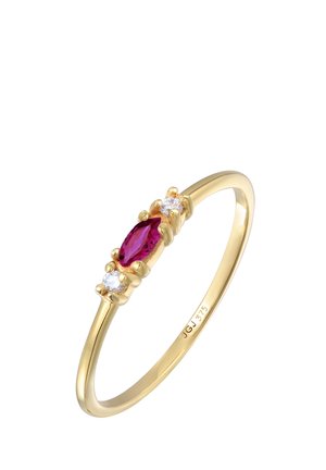 Gold ring featuring a marquise-cut red stone flanked by two smaller round clear stones, smooth band, engraved with "JG 375."