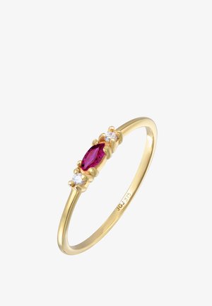 Gold ring featuring a marquise-cut red stone flanked by two smaller round clear stones, smooth band, engraved with "JG 375."