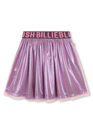 Lila Tüllrock mit schimmernder Textur, ausgestattet mit einem schwarzen elastischen Bund mit pinker Schrift und einem mehrlagigen Design für zusätzlichen Volumen.