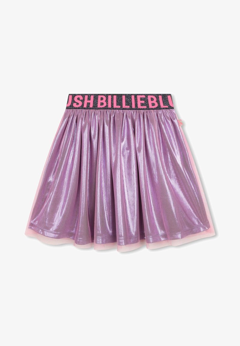 Jupe en tulle violette avec une texture brillante, dotée d'une taille élastique noire avec des lettres roses et d'un design superposé pour plus de volume.