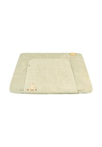 Soft green bath mat with plush texture, a rounded corner, and a whimsical giraffe design. Features a sun-shaped accent in the corner.