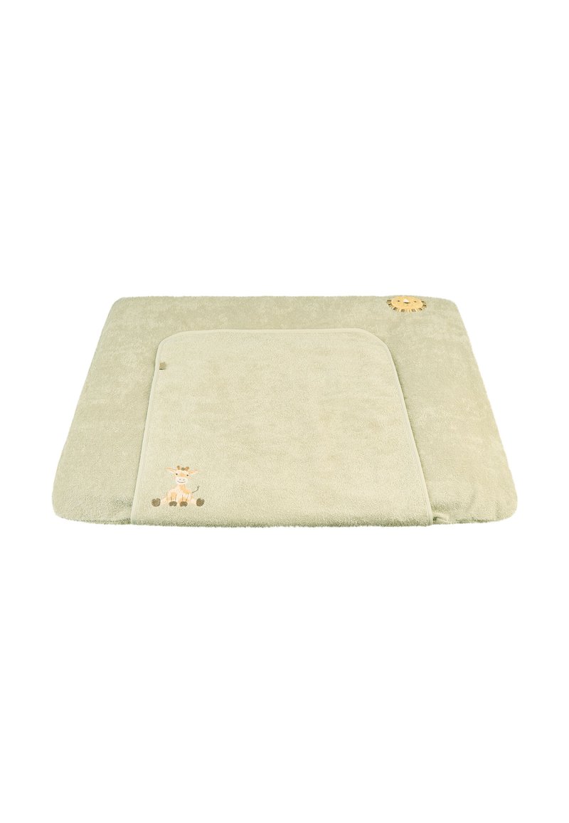 Soft green bath mat with plush texture, a rounded corner, and a whimsical giraffe design. Features a sun-shaped accent in the corner.