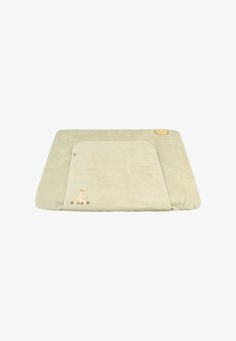Soft green bath mat with plush texture, a rounded corner, and a whimsical giraffe design. Features a sun-shaped accent in the corner.