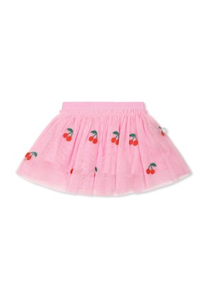 Gonna in tulle rosa con vita elasticizzata, caratterizzata da motivi di ciliegie ricamate in rosso e verde. Il design a strati aggiunge volume.