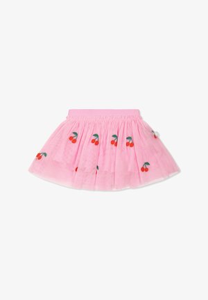 Gonna in tulle rosa con vita elasticizzata, caratterizzata da motivi di ciliegie ricamate in rosso e verde. Il design a strati aggiunge volume.