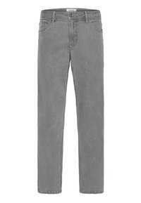 Sive jeans s sproščenim krojem, z zadrgo in gumbom na zapiranju, petimi žepi in diskretnimi šivi čez celotno oblačilo.