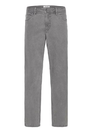 Jeans de mezclilla gris con un corte relajado, que presentan una cremallera y cierre de botón, cinco bolsillos y detalles de costura sutiles en toda la prenda.