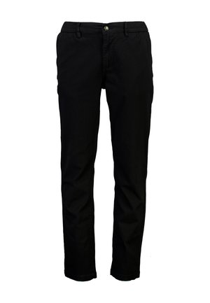 Schwarze Baumwollhosen mit geradem Bein, frontaler Knopfverschluss und elastischem Bund für Komfort. Ohne Muster oder Verzierungen.