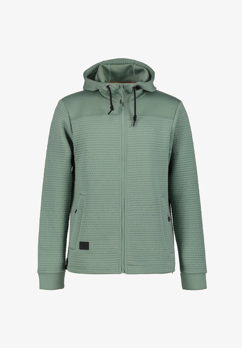 Chaqueta con capucha en verde apagado, que presenta una tela texturizada, cierre de cremallera en el frente y bolsillos laterales. Los puños y el dobladillo son lisos con un panel en contraste.