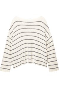 Pull-over rayé en beige et gris, avec une coupe décontractée, un large col bateau et des manches longues avec des poignets côtelés. Texture douce.