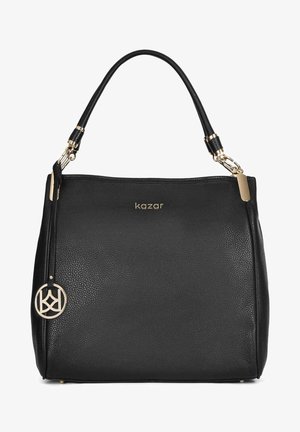 Fekete bőr női táska textúrált felülettel, lekerekített formával, arany színű fémrészekkel és logó részlettel. Egyetlen vállpánttal rendelkezik.