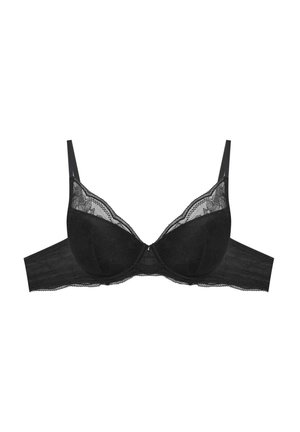 Czarny koronkowy biustonosz z formowanymi miseczkami, regulowanymi ramiączkami i gładką taśmą dolną. Delikatny kwiatowy wzór wzdłuż górnej krawędzi i na środku.