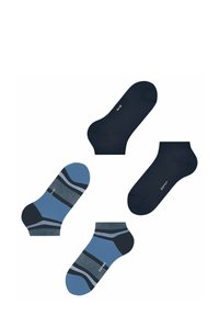 Ein Set aus vier Socken, das zwei einfarbige dunkelnavy Paare und zwei blaue gemusterte Paare mit horizontalen Streifen und einem Knöchellängen-Design umfasst.