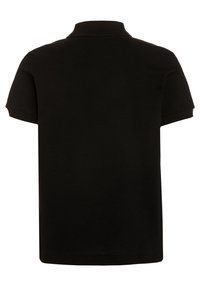 Svart kortärmad polo t-shirt med ribbad krage och texturerad tyg. Har en plain baksida utan grafik eller mönster.