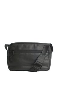 Borsa a tracolla nera realizzata in tessuto testurizzato, con tasca frontale con zip, tracolla regolabile e forma rettangolare.