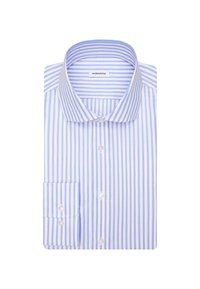 Lichtblauw en wit gestreept overhemd met een spread collar, lange mouwen en knoopmanchetten; gemaakt van gladde stof met een zachte textuur.