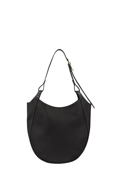 Schwarze Leder-Schultertasche in crescentförmigem Design mit verstellbarem Tragegurt und goldfarbener Schnallenverzierung.