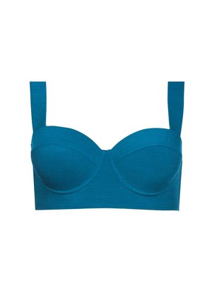 Turkusowy stanik rydzowy z fiszbinami, formowanymi miseczkami i szerokimi ramiączkami. Gładka tekstura i usztywniony kształt, odpowiedni do noszenia wspierającego.