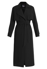 Czarny długi trencz z szerokimi klapami, z paskiem w talii, długimi rękawami z guzikami przy mankietach oraz z rozcięciem z przodu na białym tle.