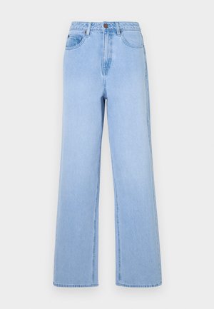 Lichtblauwe high-waisted jeans met een wijd uitlopende pasvorm, gemaakt van denim. Kenmerkt zich door opvallende stiksels en een vijf-pocket styling.