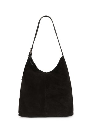 Sac à bandoulière en daim noir avec une seule sangle et une forme rectangulaire souple et décontractée.