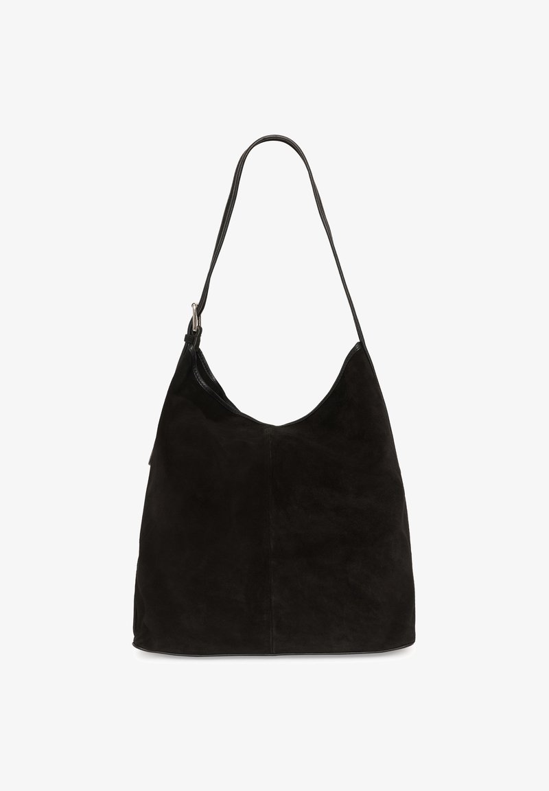 Sac à bandoulière en daim noir avec une seule sangle et une forme rectangulaire souple et décontractée.