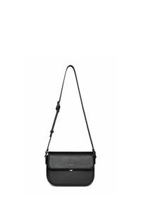 Borsa a tracolla nera in pelle sintetica, con chiusura a patta, tracolla regolabile e metallo argentato con dettagli del logo.