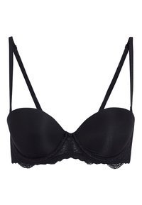 Reggiseno imbottito nero con coppe in tessuto liscio, delicato sottobanda in pizzo e spalline regolabili. Design classico con finitura senza cuciture.