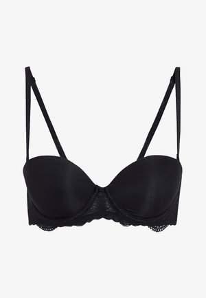 Juodas paminkštintas liemenėlė su lygiais audinio puodeliais, subtiliu nėriniuotu juosteliu ir reguliuojamais petnešomis. Klasikinis dizainas su neryškiu apdaila.