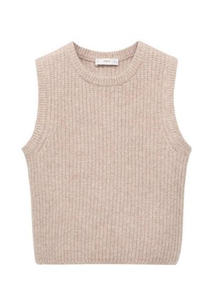 Débardeur en maille côtelée de couleur beige clair, avec un col rond et des emmanchures ouvertes, fabriqué à partir d'un tissu doux et texturé.