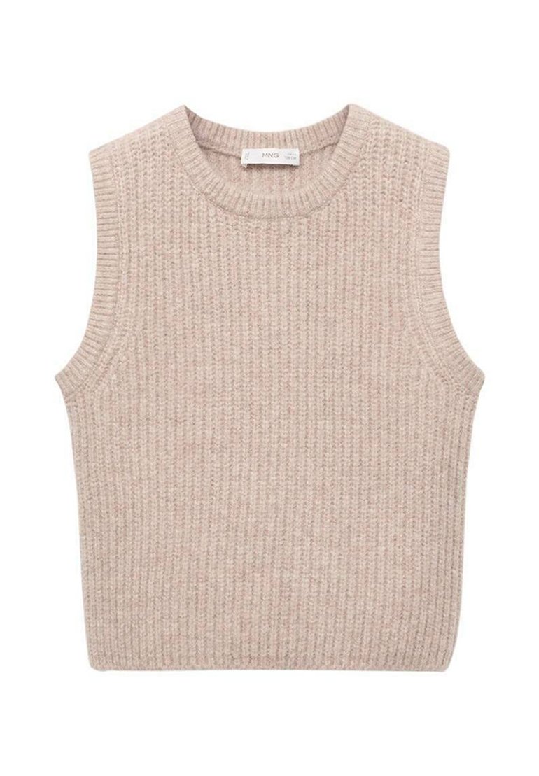 Ribbad stickad ärmlös topp i ljus beige, med rund halsringning och öppna ärmhål, tillverkad av mjukt, strukturerat tyg.
