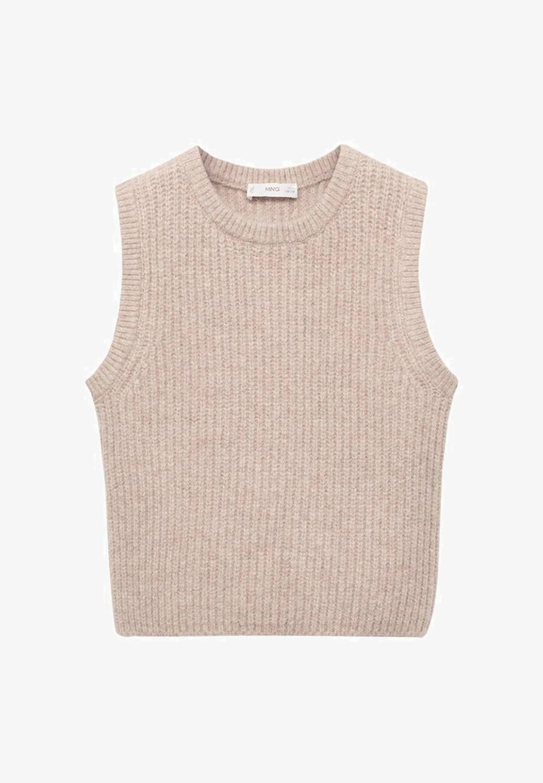 Pleteni bez rukava u svijetlo bež boji, s okruglim izrezom i otvorenim otvorima za ruke, izrađen od mekog, teksturiranog materijala.