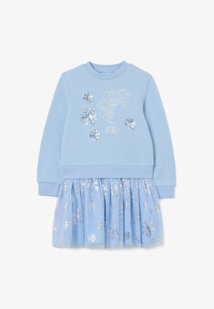 Vestito azzurro con parte superiore a felpa e gonna in tulle. Presenta motivi di fiocchi di neve argentati e una stampa del profilo di un personaggio.