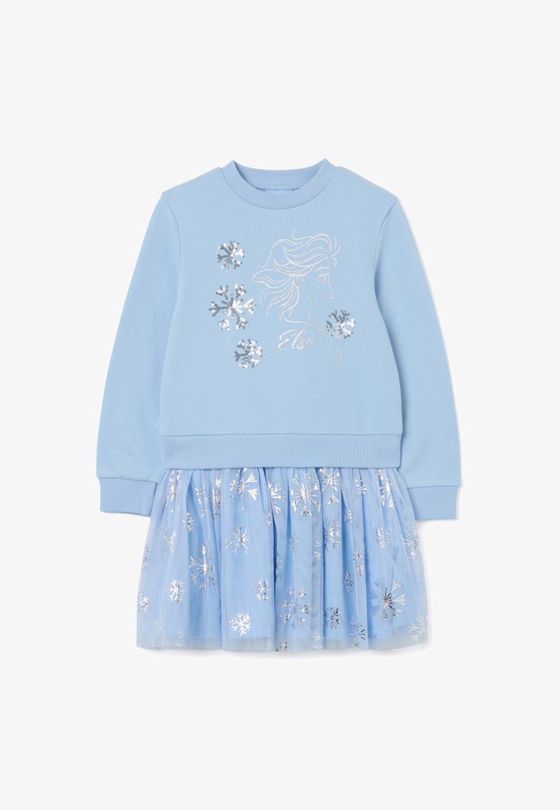 Vestido azul claro con parte superior de sudadera y falda de tul. Presenta diseños de copos de nieve plateados y un estampado del perfil de un personaje.